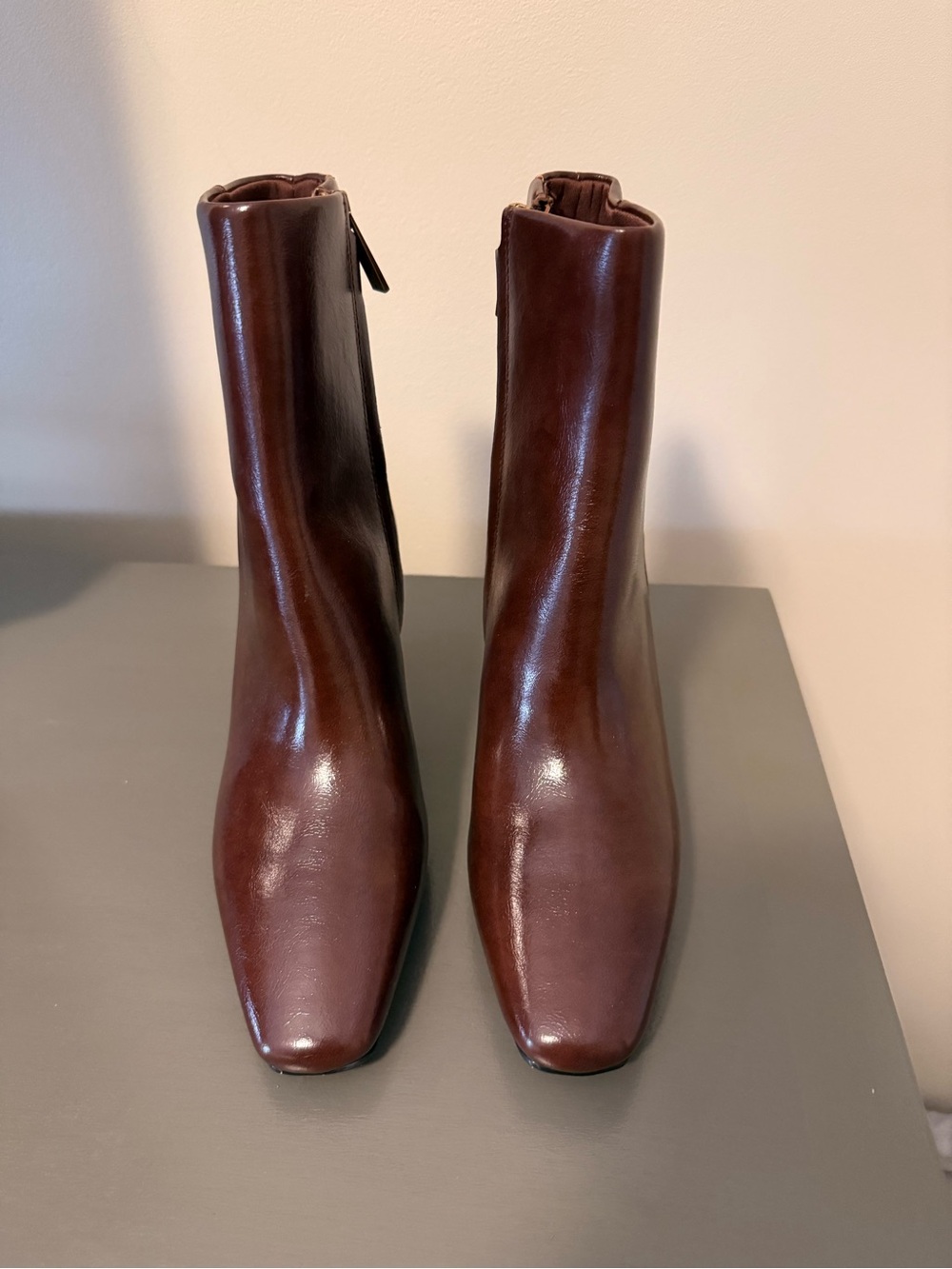Anne Klein Dark Brown Leather Square-Toe Ankle Boots